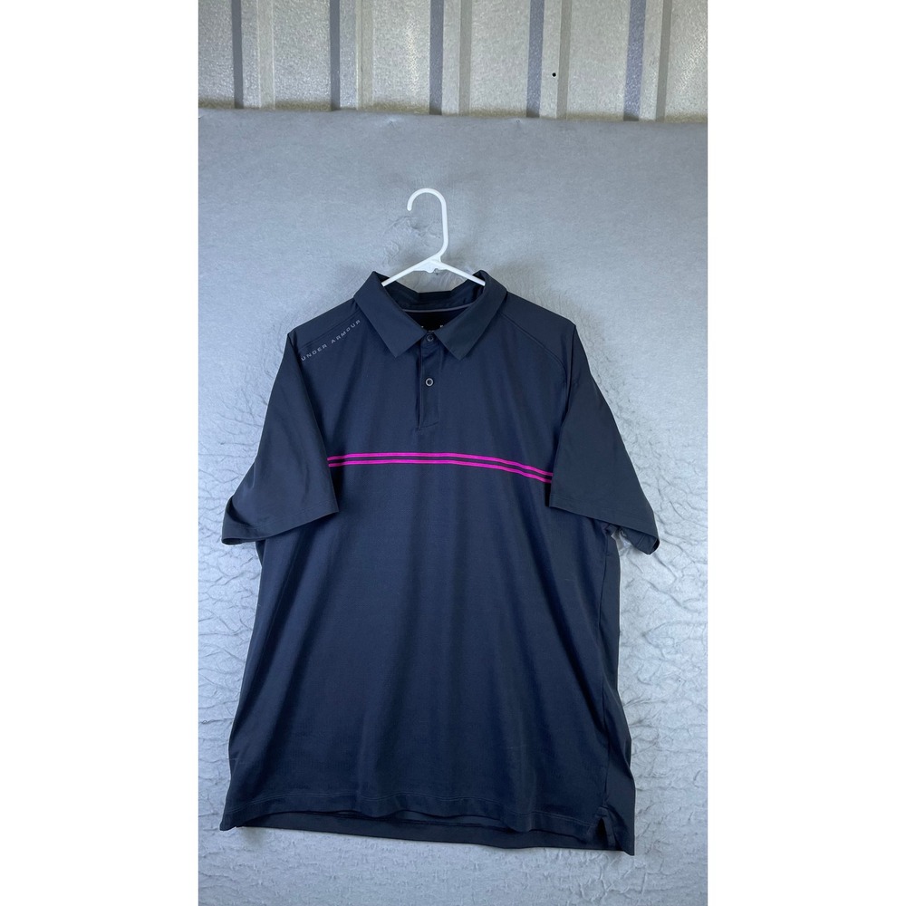 Under Armour Polo Shirt Mens XL Black Excellent Pink Stripe HeatGear Loose Fit